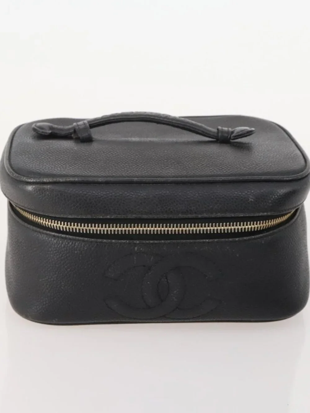 CHANEL Vanity Pouch Leather 2 Set Black CC Auth BA12664